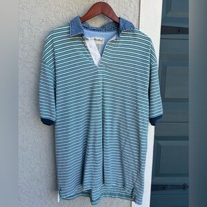 Vintage Eddie Bauer Polo Shirt L Men’s Green Stripe Cotton Denim Collar 90s